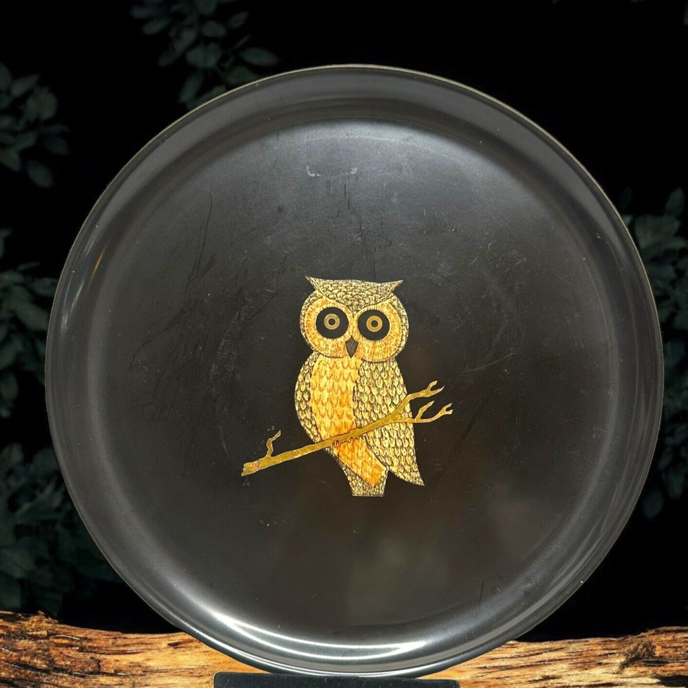 Vintage Couroc of Monterey MCM Owl Tray Mid Century Modern 10.5 Inch Diam 1960s